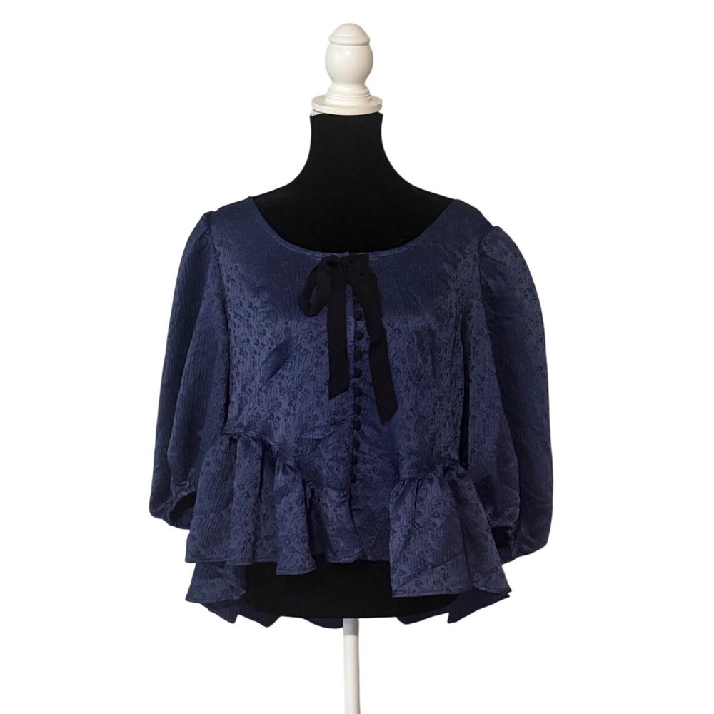 Free People Blue Jacquard Peplum Blouse Womens XL Puff Sleeve Tie Front Top